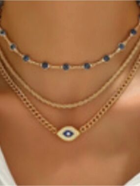 Gold Layered Necklace Set with Blue Beads and Evil Eye Pendant